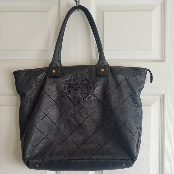 Tory Burch Blue Quilted Leather Tote Handbag - Picture 1 of 12